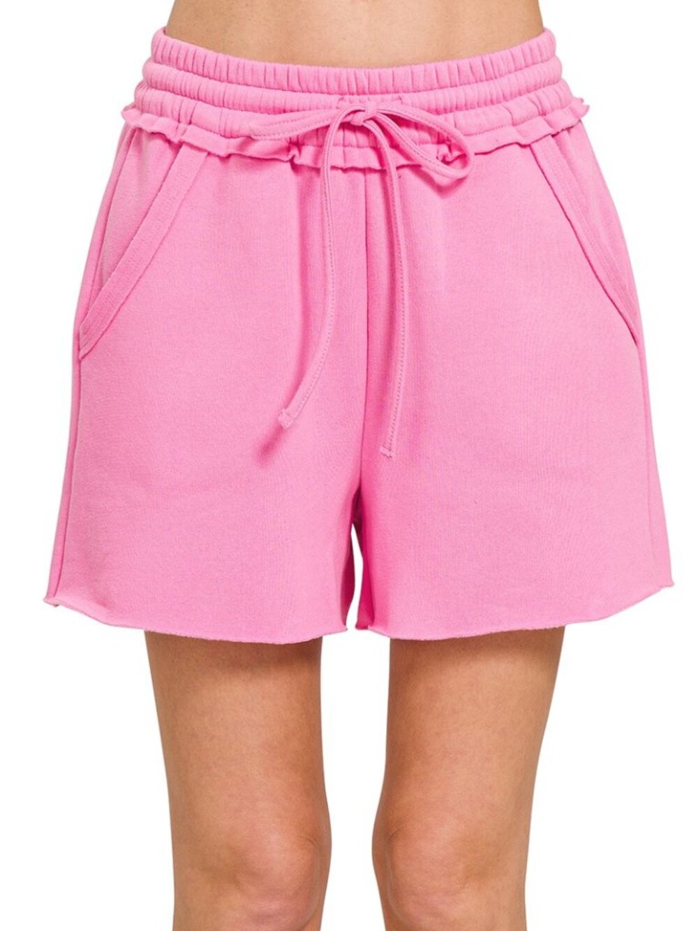 B122 Fleece Raw Hem Shorts With Draw String in Candy Pink NEW